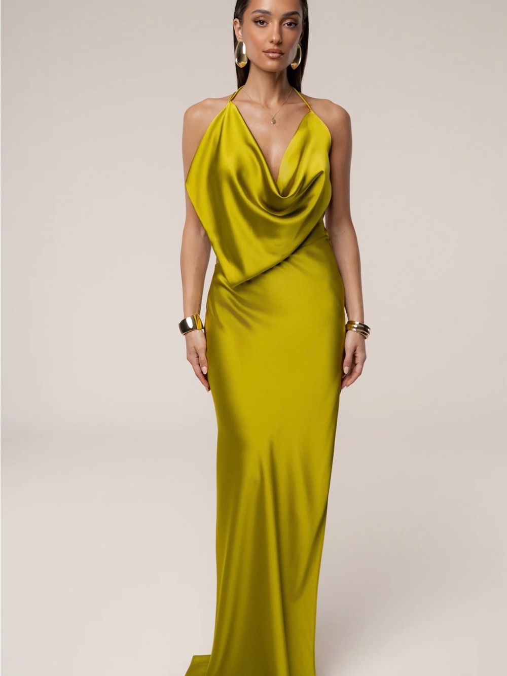 JLUXLABEL Olive Green Satin Cowl Neck Maxi Dress